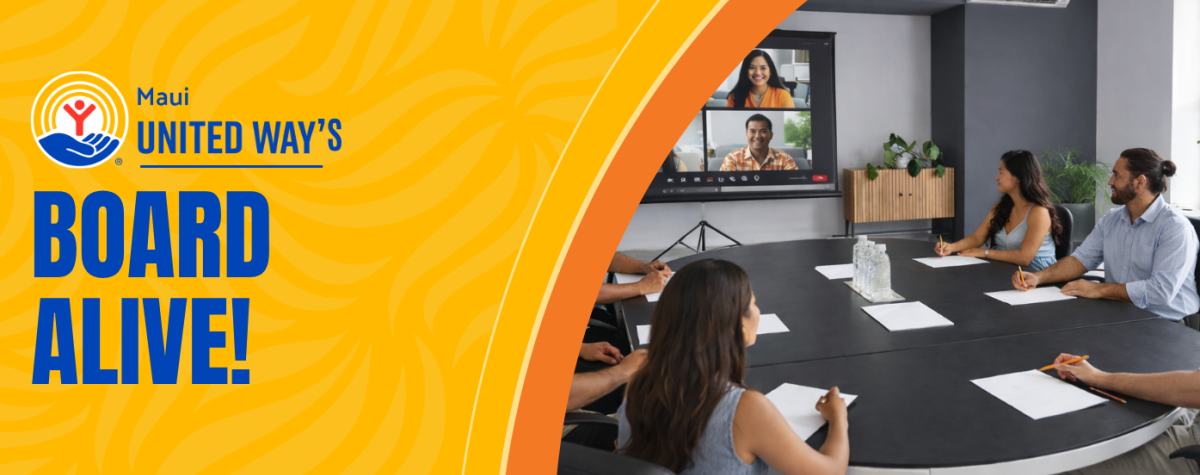 people sitting at conference table with Maui United Way logo